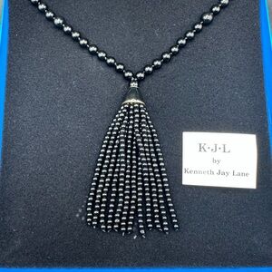 Kenneth Jay Lane palm beach party Black Beaded Tassel Necklace 33”